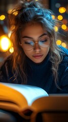 Young woman reading a book in warm atmospheric light