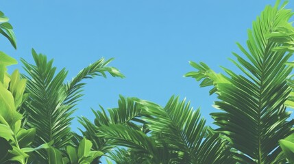 Fototapeta premium Lush tropical foliage against a vibrant blue sky. Sunlight filters through healthy green palm leaves, creating a tropical paradise aesthetic