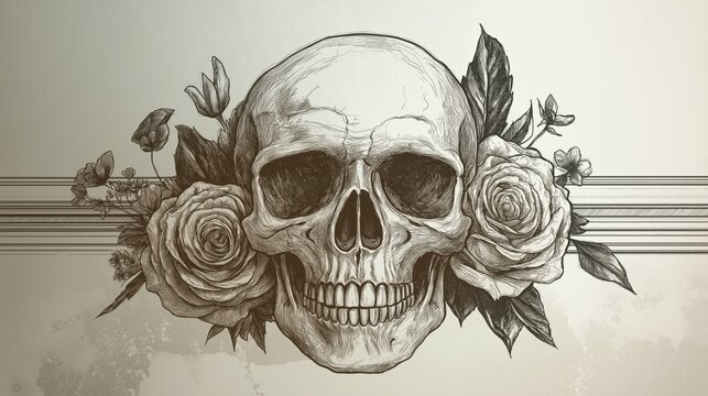 Human skull surrounded by roses and spring flowers on a white background. Human skull among flowers hand drawn in an engraved style. Vector illustration.