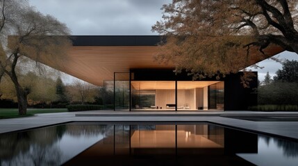 Fototapeta premium Modern, minimalist home with expansive glass walls and a tranquil water feature