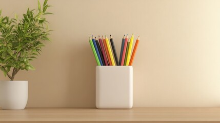 A Realistic Photograph of a Small White Plastic Pen and Pencil Holder with Colorful Pencils