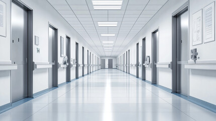 Fototapeta premium Doors in laboratory, kitchen, hospital or school corridor. Empty interior with double metal doorway with rectangular windows, hall with white walls and tiled floor, Realistic 3d vector illustration