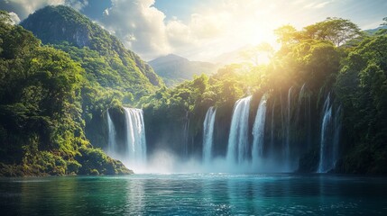 Fototapeta premium A Magnificent Waterfall Cascades Down into a Vast Pool: Nature’s Breathtaking Wonder