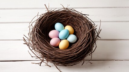 Fototapeta premium A bird's nest filled with colorful Easter eggs on a white wooden surface.