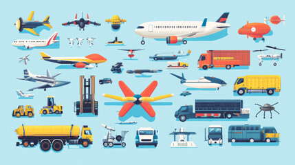 Naklejka premium Transport poster with airplanes, blimp, truck, car, sweeper, drones, and forklift. Vector banner with isometric illustration of propeller planes, mini auto, airship, and van