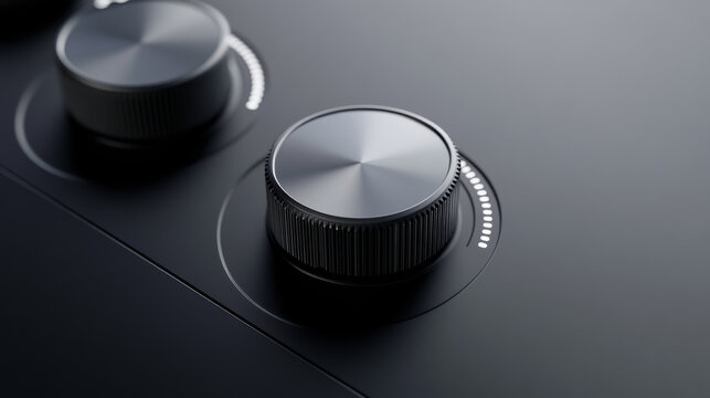 Volume knobs, round adjustment dial. Regulator level and analog buttons, Min Max music sound switchers, round tuners for audio stereo system, isolated ui app design elements, Realistic 3d vector set