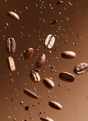 Fototapeta premium Roasted coffee beans and fragments floating in the air space