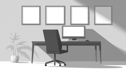 Room interior, workplace with desk, seat and computer on table. Empty office or home inner design monochrome colors, picture frames or posters mockup hanging on wall, Realistic 3d vector illustration
