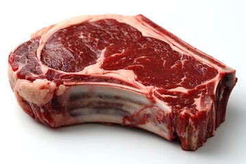 a raw ribeye steak with a prominent bone on white background