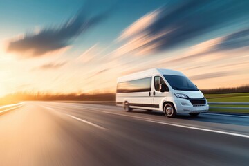 Dynamic Mini Bus on City Highway Bypass Under Stunning Sunset Sky
