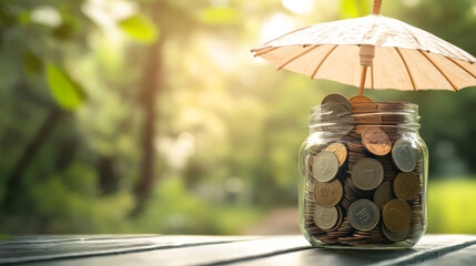 Individual retirement account banner. Concept of pension savings, investment and deposit to retire fund. Vector landing page of IRA with isometric glass jar with coins under umbrella