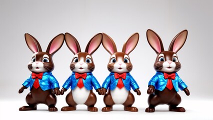 Fototapeta premium A group of four chocolate bunnies holding hands in a row.