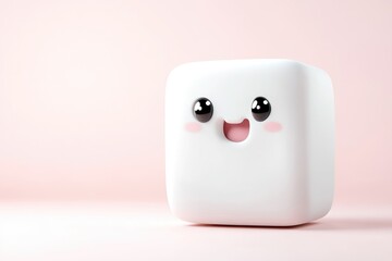 Cute, cartoonish, white cube with a happy expression