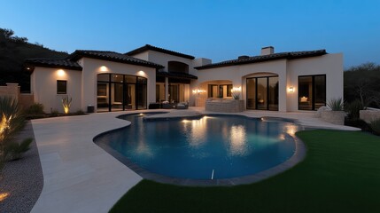 Modern luxury home with pool at twilight.  Outdoor living space with a stunning, curving pool, perfect for entertaining.  Elegant exterior design and well-lit landscaping