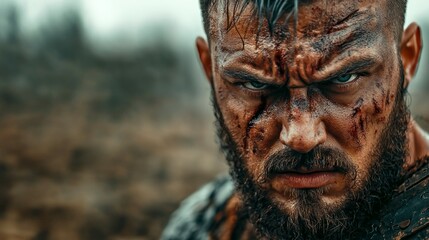 Intense Warrior Portrait with Battle Scars in Dramatic Lighting
