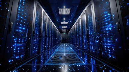 A futuristic data center with glowing blue server racks and digital particles, representing cloud computing, cybersecurity, and big data. Ideal for IT, networking, and technology themes