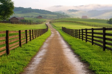 Fototapeta premium Winding dirt path leads through lush green fields, framed by rus