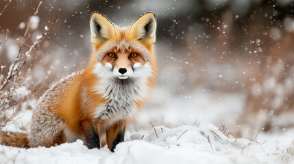 Fototapeta premium Wildlife banner with cute red fox on white snow in winter. Vector landing page of wild life concept with cartoon illustration of snow field landscape with beautiful animal with fluffy tail