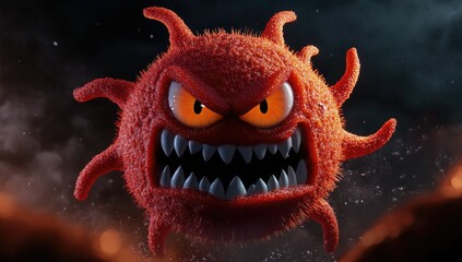 Angry virus particle digital art, dark background, health warning