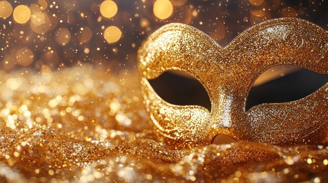 Golden Venetian mask on sparkling fabric