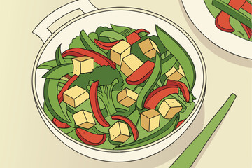 14 Colorful stir-fry dish, crispy tofu cubes, vibrant green vegetables, red bell peppers, snow peas, broccoli florets, bok choy leaves, white ceramic plate, overhead view, restaurant-quality presentat