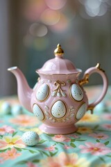 Delicate pink teapot adorned with decorative egg designs on a floral tablecloth
