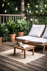 Cozy outdoor space features comfortable chairs, warm lighting, a