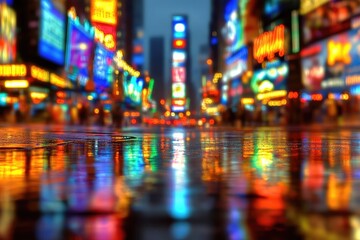 Vibrant city street at night, rain reflecting dazzling lights (1)