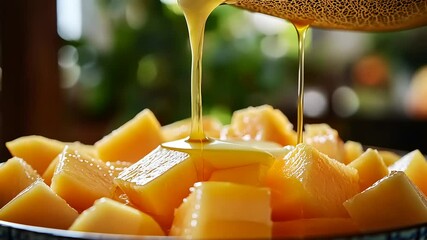 Fresh mango cubes being drizzled with honey in a vibrant kitchen setting, showcasing a healthy snack