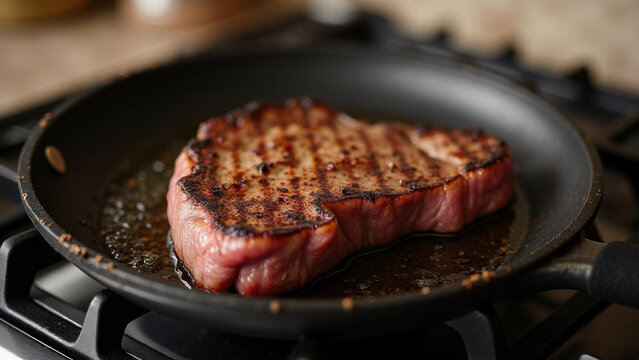 Juicy grilled steak sizzling in frying pan, showcasing perfect grill marks and rich color