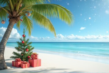 Fototapeta premium Tropical Christmas Beach Scene with Presents