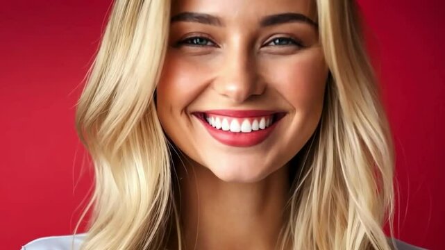 piękna, młoda, szczęśliwa blondynka 20 lat,  pozująca z flagą Polski; koncept polskich wybor&oacute;w prezydenta w 2025 roku; intensywnie czerwone tło; przestrzeń na tekst; nagranie w rozmiarze mobilnym