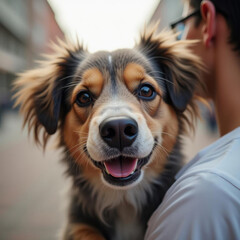 Fototapeta premium Happy dog with person in city setting, showcasing joyful bond