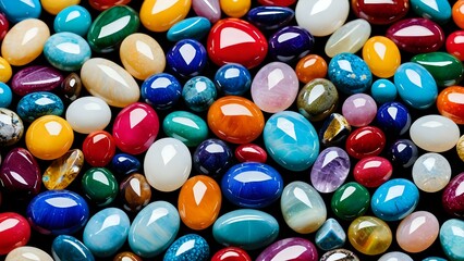 A collection of polished gemstones in various vibrant colors, reflecting light with a glossy and high-end appearance
