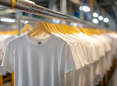 Row of white T-shirts on wooden hangers hanging from a metal rail showcasing fabric and garment production.
