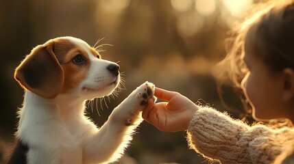 Cute puppy and child interaction in golden light