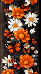 Floral border with orange and white flowers, butterflies, and dark wood