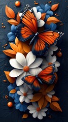 Vibrant butterflies amongst a bouquet of flowers and leaves