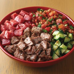 Hearty, mixed protein bowl with grilled meat, quinoa, vegetables