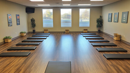 Gym poster, fitness club and online workout. Concept of sport training program with physical and cardio exercises. Vector banner with subscribe button and cartoon interior of gymnastic center