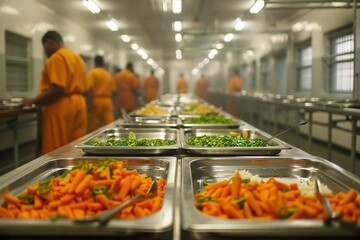 A vibrant display of assorted vegetables in a prison kitchen, with inmates in orange uniforms in the background.