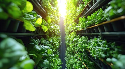 Vertical farm, lush greenery, sunlight streams through