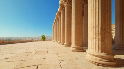 Fototapeta premium Ancient columns stand tall under clear blue sky, showcasing time