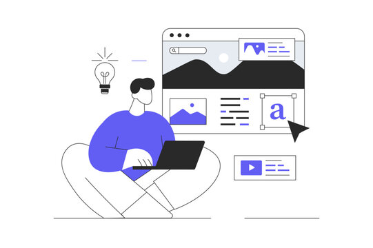 Web design studio concept. Development of graphics, pictures, brand site. UX UI design process for modern mobile application and website. Flat Cartoon Vector Illustration, icon. Stylish abstract 