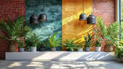 Vibrant indoor space with potted plants and hanging lamps