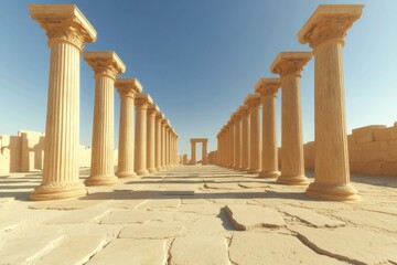 Fototapeta premium Ancient columns stand majestically under clear sky, leading to d
