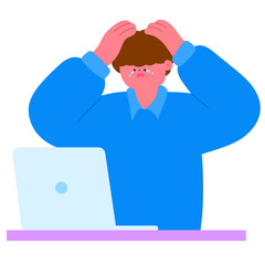 stressed man sitting at his desk with hands on temples, workplace anxiety flat vector illustration