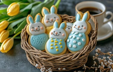 Obraz premium Sweet Bunny and Egg Cookies in a Basket Surrounded by Flowers and Coffee on the Table