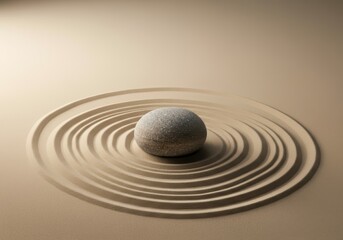 Naklejka premium Smooth stone resting in a tranquil sand circle, symbolizing peace and balance