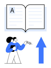 Open book with text, woman holding black book and pen, large blue upward arrow. Ideal for education, self-improvement, knowledge gain, learning, study progress, personal development flat simple